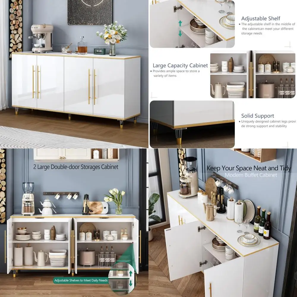 

High Gloss White and Gold Sideboard Buffet with Adjustable Shelves and Doors for Storage Console
