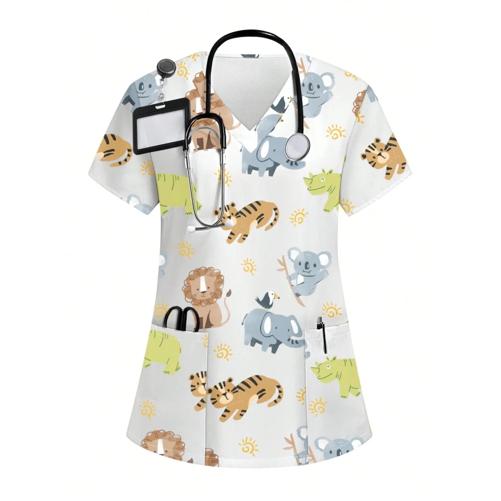 Damenbekleidung, V-Ausschnitt, Fantasy-Schmetterlingselement, 3D-gedruckte Krankenschwester-Arbeitskleidung mit Taschen, T-Shirt, lässiges Kurzarm-Oberteil