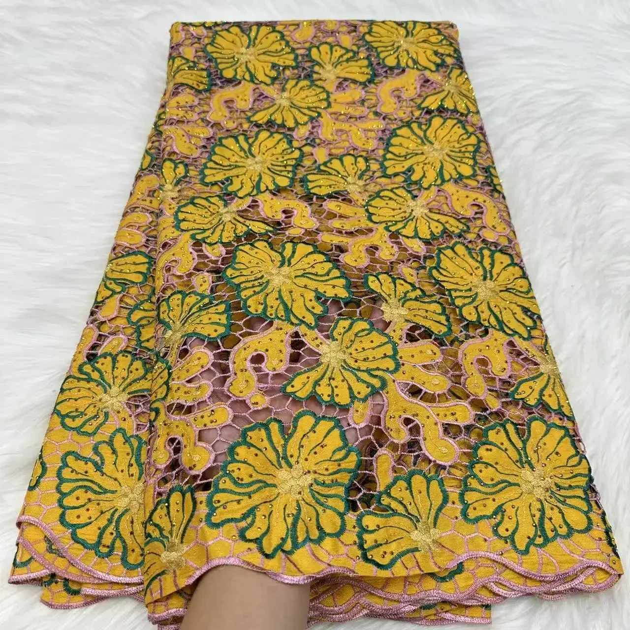 2025 New Fashion Yellow Laser Nigerian Guipure Lace Fabric With Stones African French Cord Lace Fabric For Women Dress PYC2505