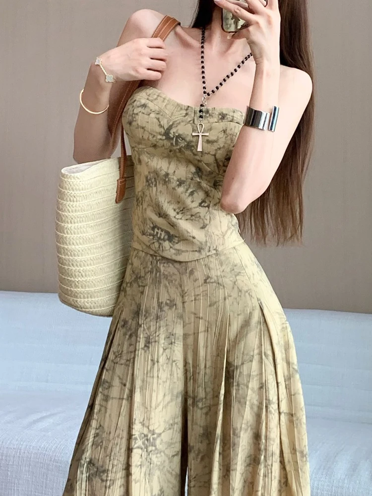 

Retro high-end temperament set women's summer fashion spicy girl print strapless top high waist wide leg pants two-piece set