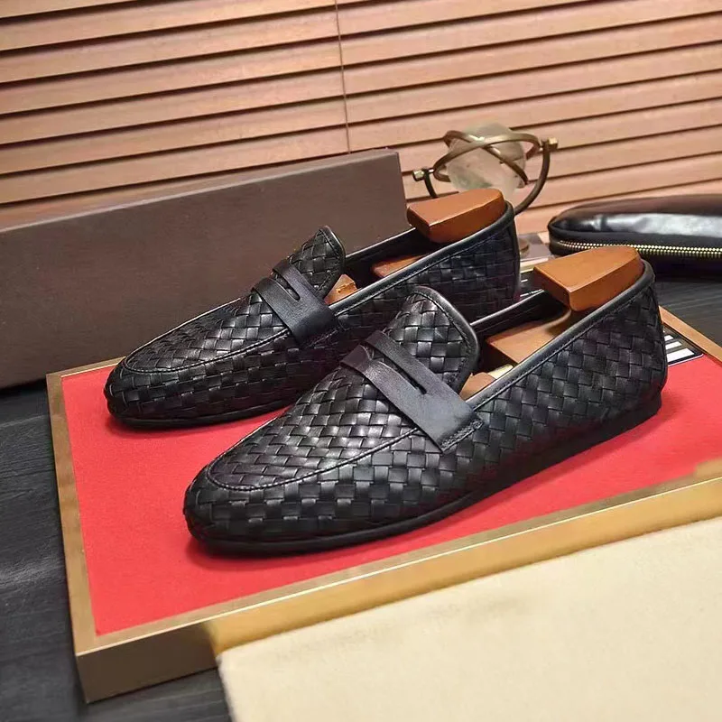 Hand-woven Loafers Black Oxford Shoes Genuine Leather Classic Style Dress Leather Shoes  Casual Round Toe Formal Shoes Men New