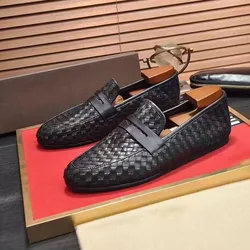 Hand-woven Loafers Black Oxford Shoes Genuine Leather Classic Style Dress Leather Shoes  Casual Round Toe Formal Shoes Men New