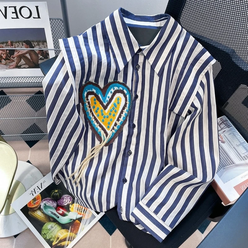 Spring Blue Stripe Shirt Women\'s Blouse Chic Embroidery Design Long Sleeves Casual Tops Fashion Vintage Button Femmes Shirts