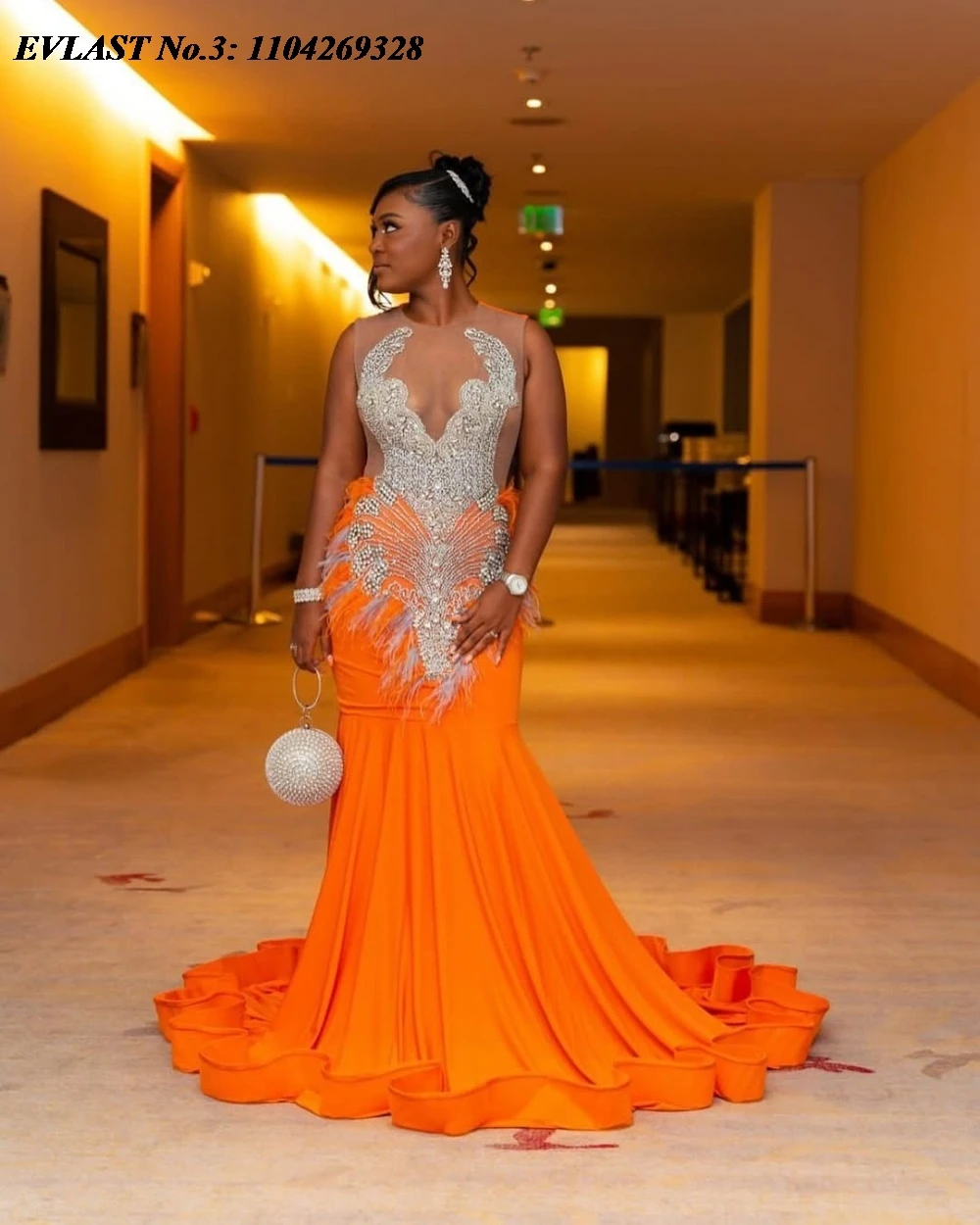 EVLAST Aangepaste Elegante Oranje Zeemeermin Prom Dress Zwarte Meisjes Zilveren Diamant Kristal Kralen Formele Avond Party Gown E3P162