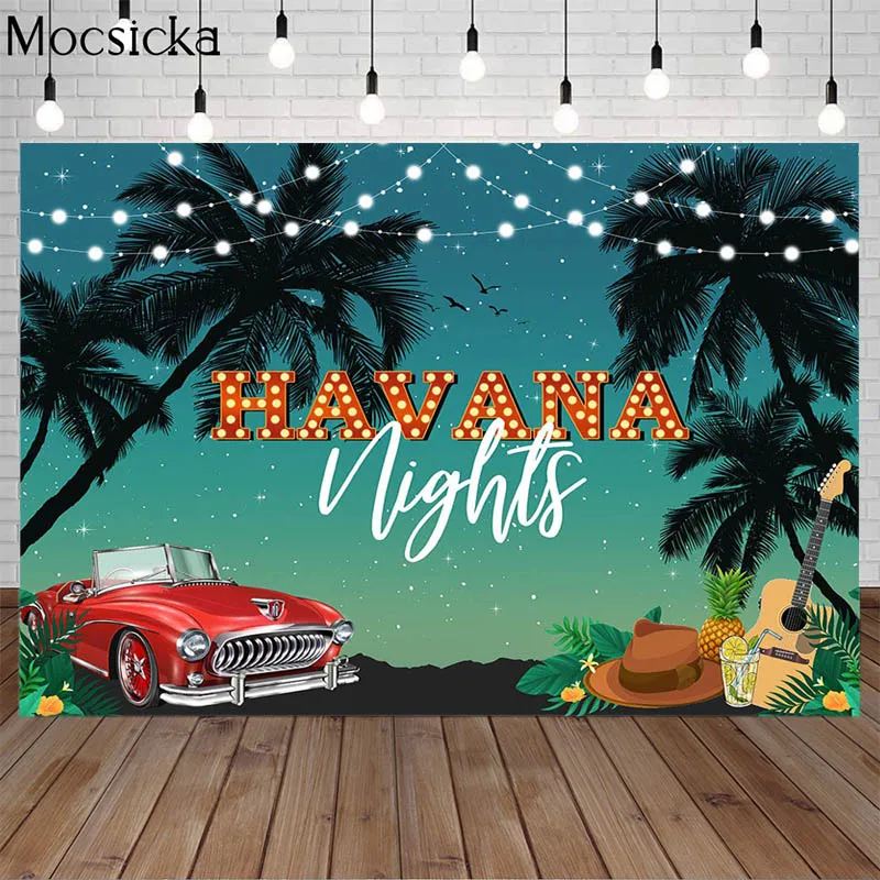 Mùa Hè Havana Đêm Phông Nền Trẻ Sinh Nhật Chụp Hình Trang Trí Vintage Xe Nhiệt Đới Cây Cọ Retro Bảng Gỗ Nền