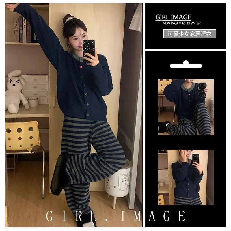 

Women's Winter Pajama Set Fleece Striped Long Pants Set Fashion Can Outdoor Home Wear Warm Comfortable Loungewear Sleepwear