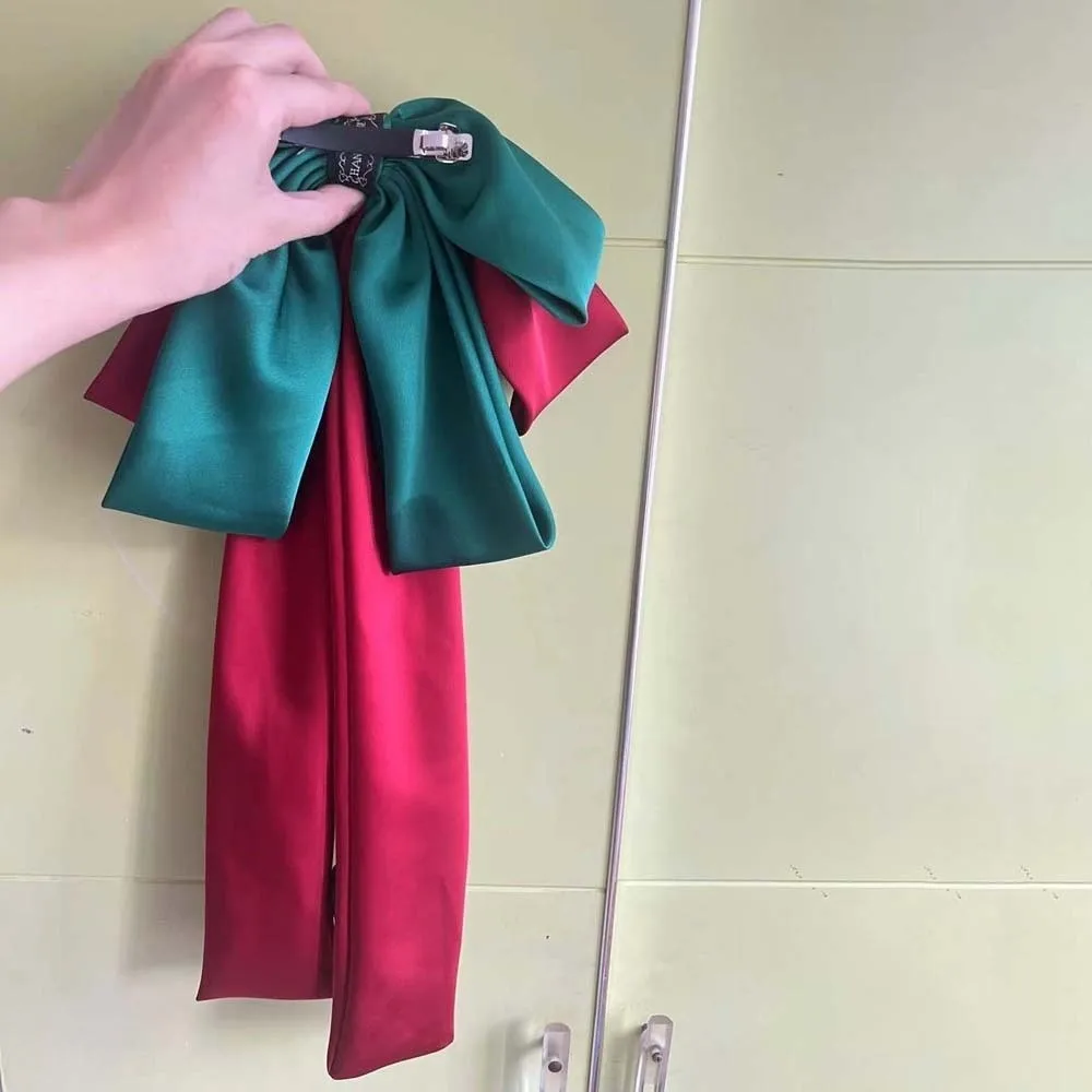 Alloy Oversized Bow Hair Clip Sweet Contrast Color Satin Ribbon Headdress 4-layer Printed Christmas Hair Accessory Women - view 3