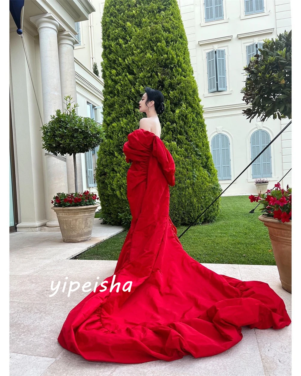 Customized Matching Exquisite Strapless Ball gown Celebrity Dresses Hugging Floor length Skirts Charmeuse Evening  فساتين سهره