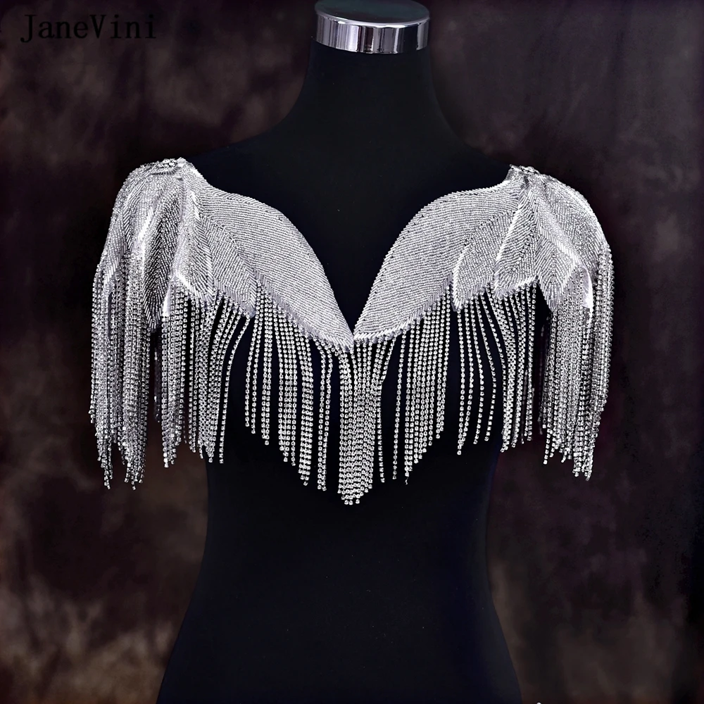 JaneVini Luxury Handmade Beaded Patch Sewing Patches Epaulets for Wedding Dress Silver Bridal Shoulder Chain Tassel Accessories