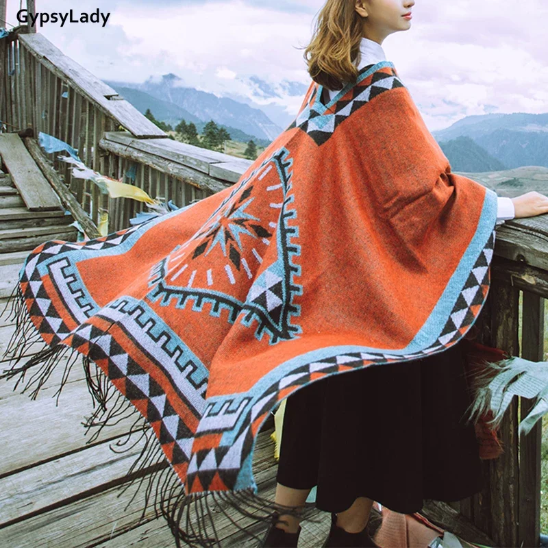 GypsyLady Vintage Knitted Warm Cloaks Capes Autumn Spring Women Poncho Cape Ethnic Chic Pattern Cloak Poncho Ladies Outwear Red