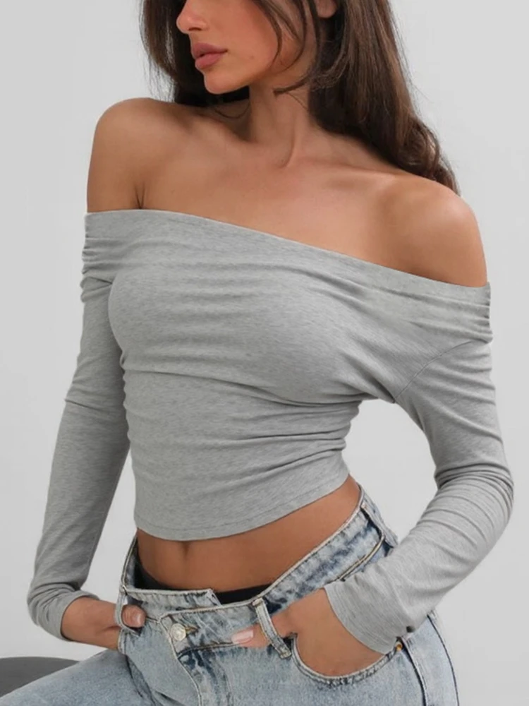 

Tossy Sexy Slash Collar Slim T-Shirt For Women Solid Off-Shoulder Streetwear Backless Casual Top Y2k Pleated Strapless Tee Top