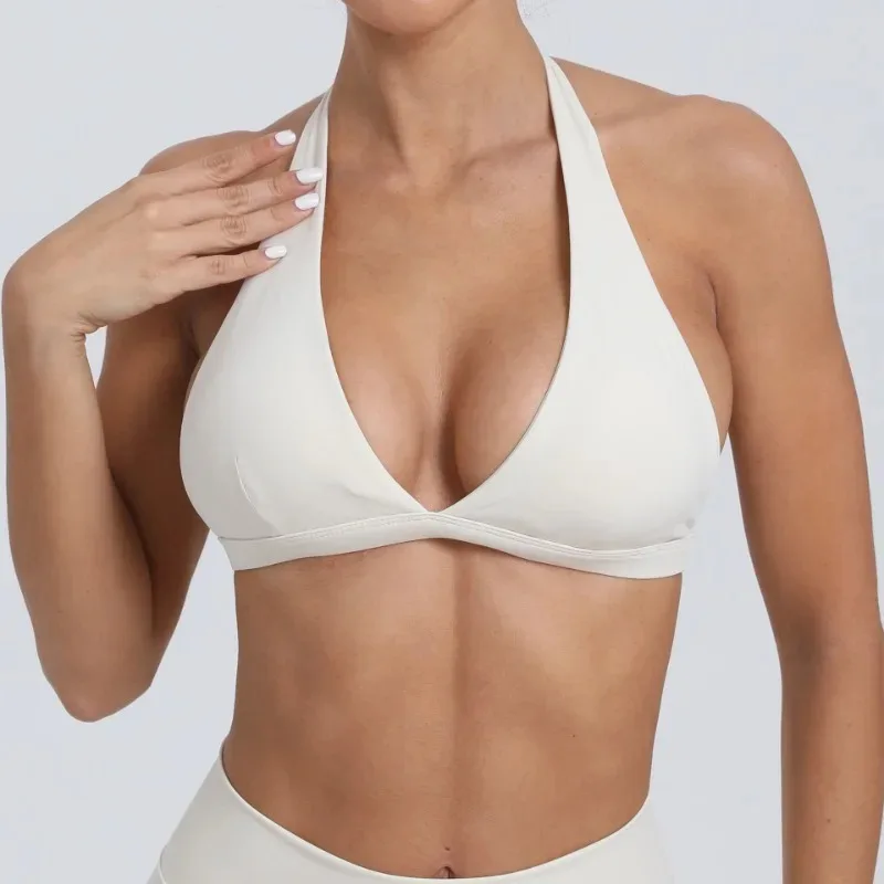 Sutiã esportivo feminino com gola halter – Top de ioga com sensação nua, camisa de treino de secagem rápida, sutiã de ginástica para corrida sem costas, top curto fitness sem costura