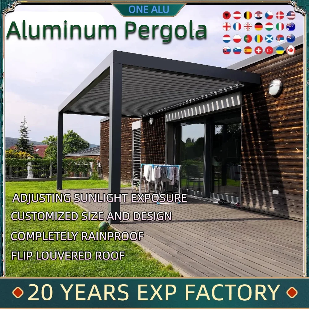 

Bioclimatic Aluminum Pergola Automatic flip louvered manual with LED roller blinds gazebo canopy in garden yard