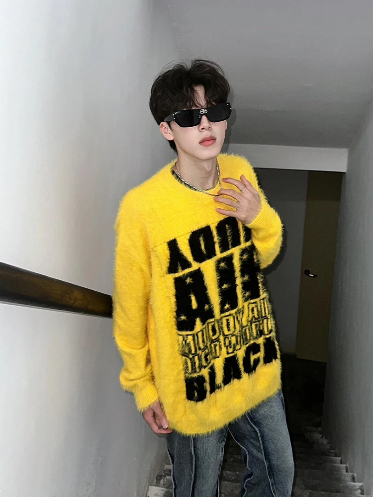 

Мужской вязаный свитшот в американском ретро-стиле, ярко-желтый, с надписью, осенне-зимний, свободный крой, с круглым вырезом, с рукавами до плеч, повседневный