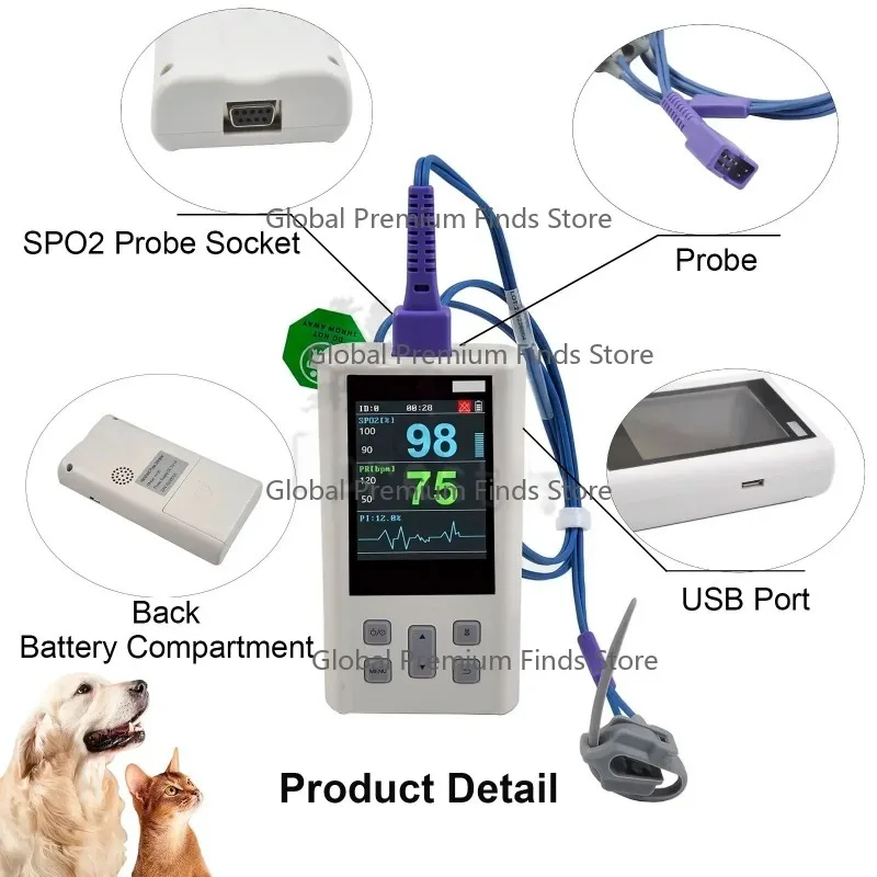 Port-able Pulse Oximeter  for Heart Rate and  Saturation with Vet-erinary and M-ed-ical SPO2 with Memory