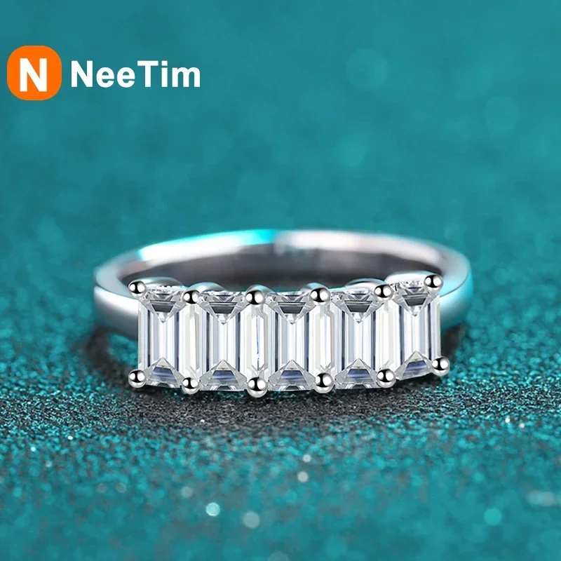 

NeeTim Full Moissanite Ring S925 Sterling SilverEmerald Cut Lab Diamond Wedding Rings for Women Engagement Promise Band Gift