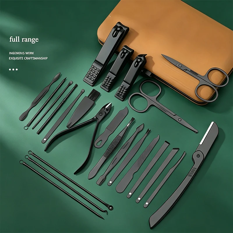 24Pcs Manicure Pedicure Set, Brown Stainless Steel Nail Clippers Hand Foot Nail Trimming Tools Kit, Portable Exquisite Leather Storage Case Nail Grooming Set for Men Women Gift