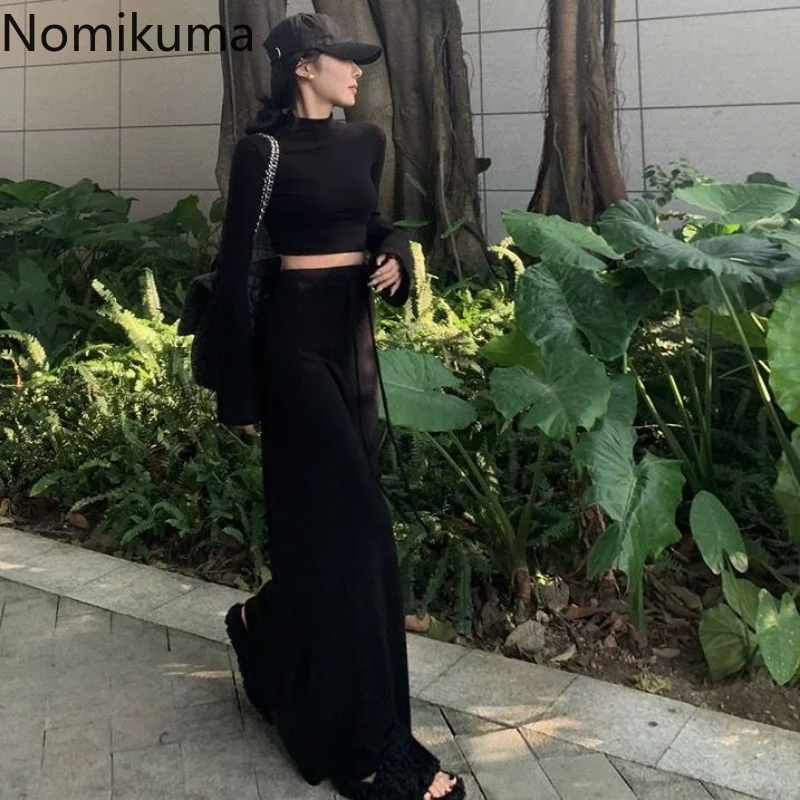 Nomikuma Fashion Sexy Spring Autumn Outfits Flare Sleeve Turtleneck Crop Top + High Waist Skirts Harajuku Casual Two Piece Sets