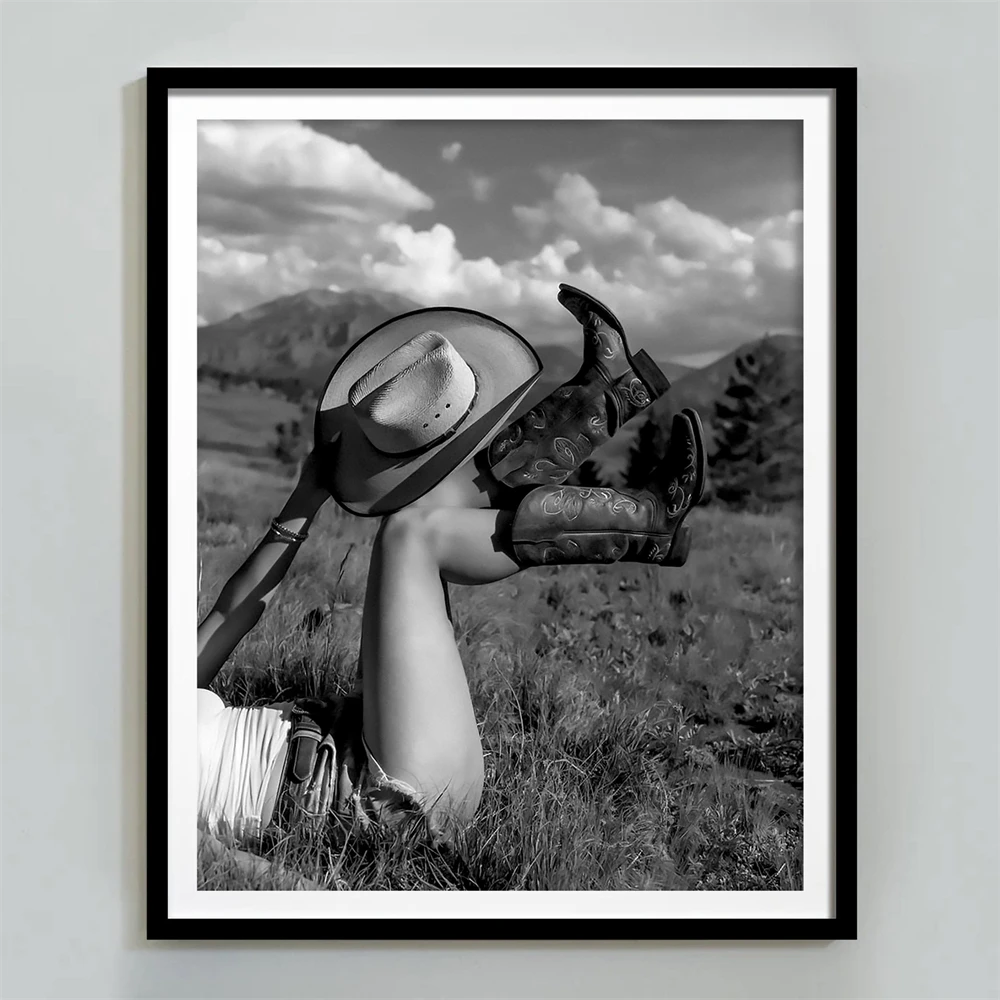 Cowgirl Boots Print Vintage Western Fashion Poster Black and White Beach Print Woman Sunbathing Photography Canvas Painting