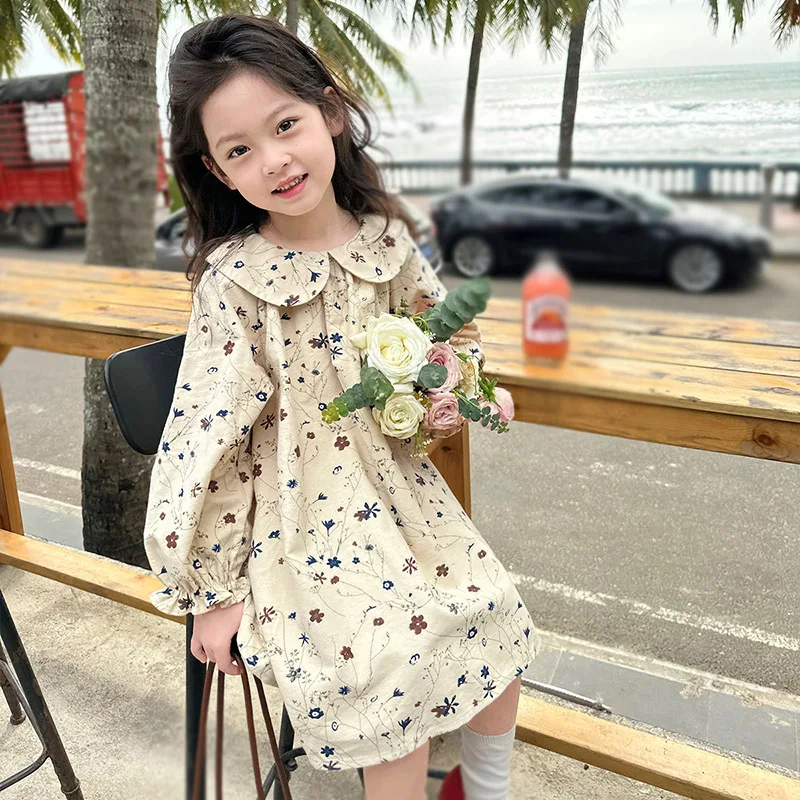 2-10T Spring Autumn Girls Fragmented Flower Dress Children Long Sleeved Doll Neck Dress Baby Kids Pure Cotton Princess Dresses