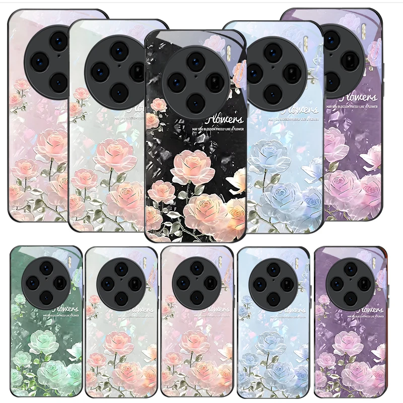 Чехол для телефона из черного стекла Night roses bloom freely для Vivo V29 V23 V30 V25 V40 SE V21 V25E V23e X100 X70 X90 Pro+ X80 X200 Promini