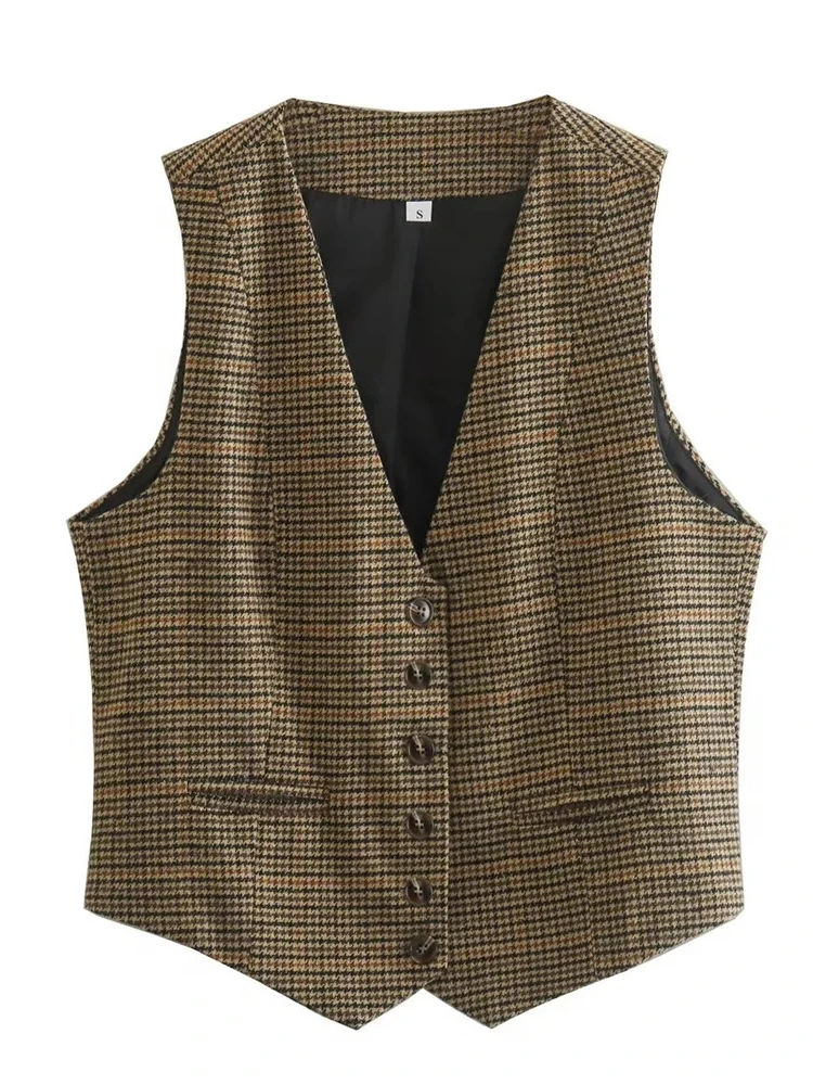 Women 2024 Fashion Streetwear Houndstooth Print Brown Long Vest Girls Casual V-Neck Single Breasted Sleeveless Tops Outwear