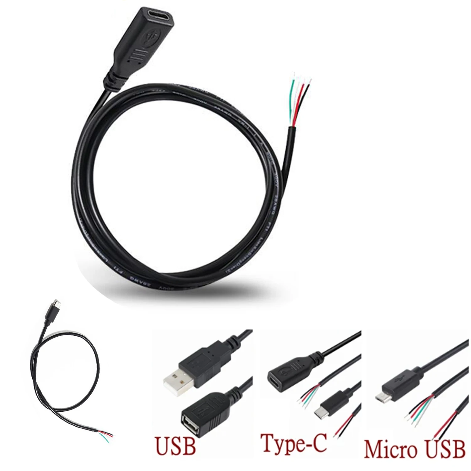 Micro USB 2.0 A Female Male Jack Power Supply Extension Cable 4 Pin 2 Pin 4 Wires DIY Data Line Charging Cord Type-C Wire 1m 2m