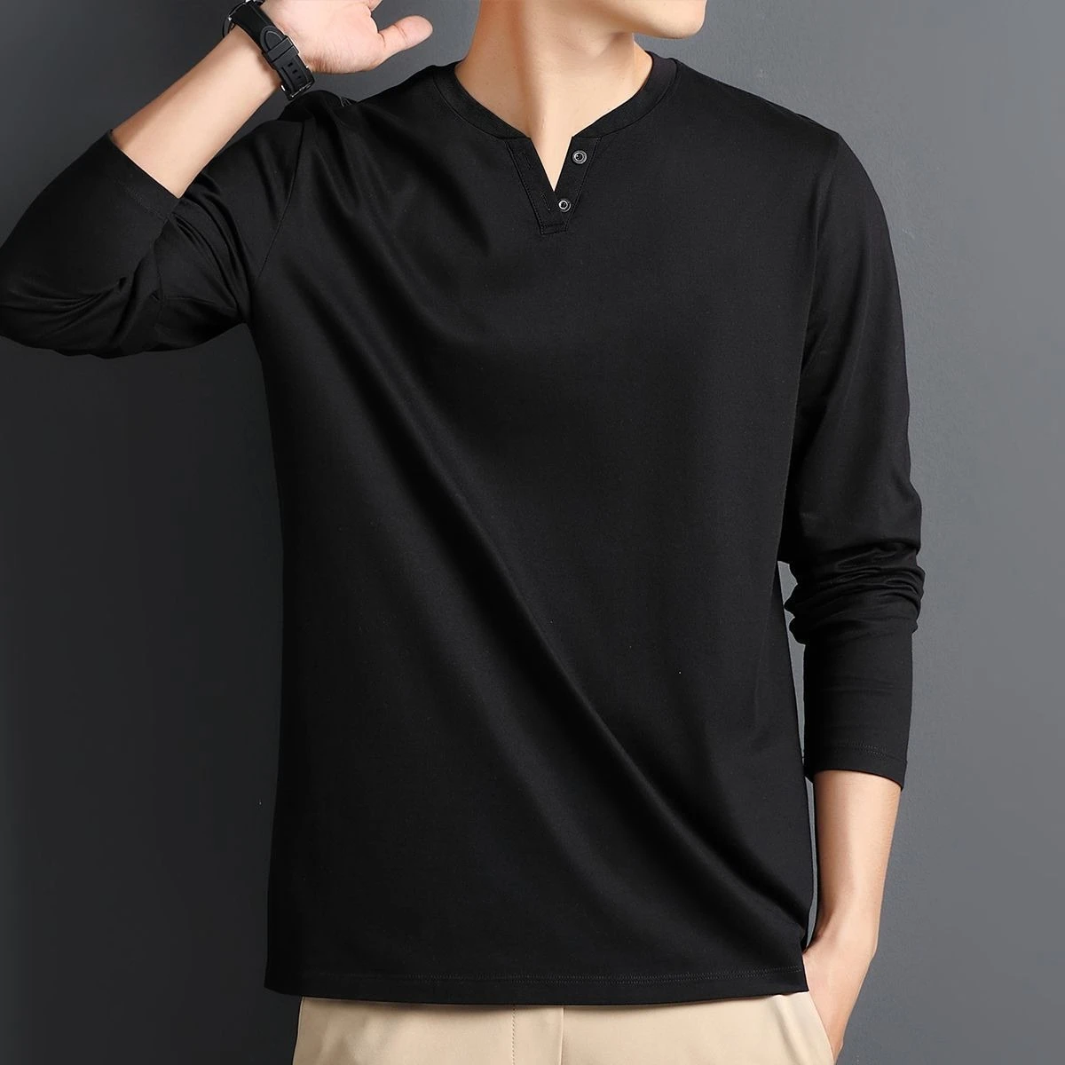 Men's 2026 Heavyweight Cotton V-Neck Long Sleeve T-Shirt Button Detail Loose Fit Casual Base Layer Top Autumn