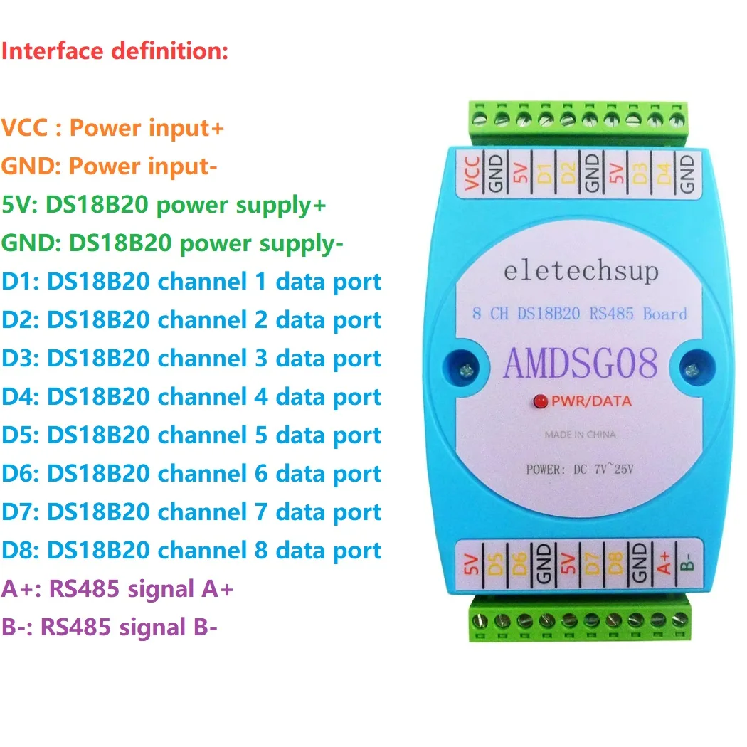 

8CH DS18B20 Temperature Acquisition Module RS485 3000V Optical Isolation Communication Modbus RTU DC 12V 24V