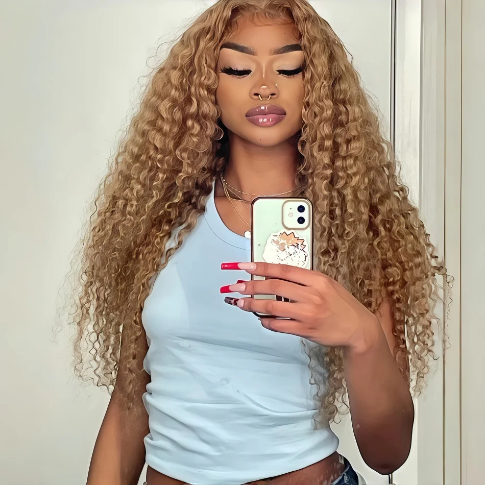 

Парик из натуральных волос Deep Wave Honey Blonde # 27 Curly 13X4 13X6 HD прозрачные парики с кружевной передней частью для женщин, предварительно прорезанные, 30-36 дюймов