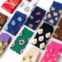 Women Socks Funny  Cartoon Fruits Banana Avocado Lemon Egg Cookie Donuts Food Happy colorful novelty skateboard Socks EU 35-39