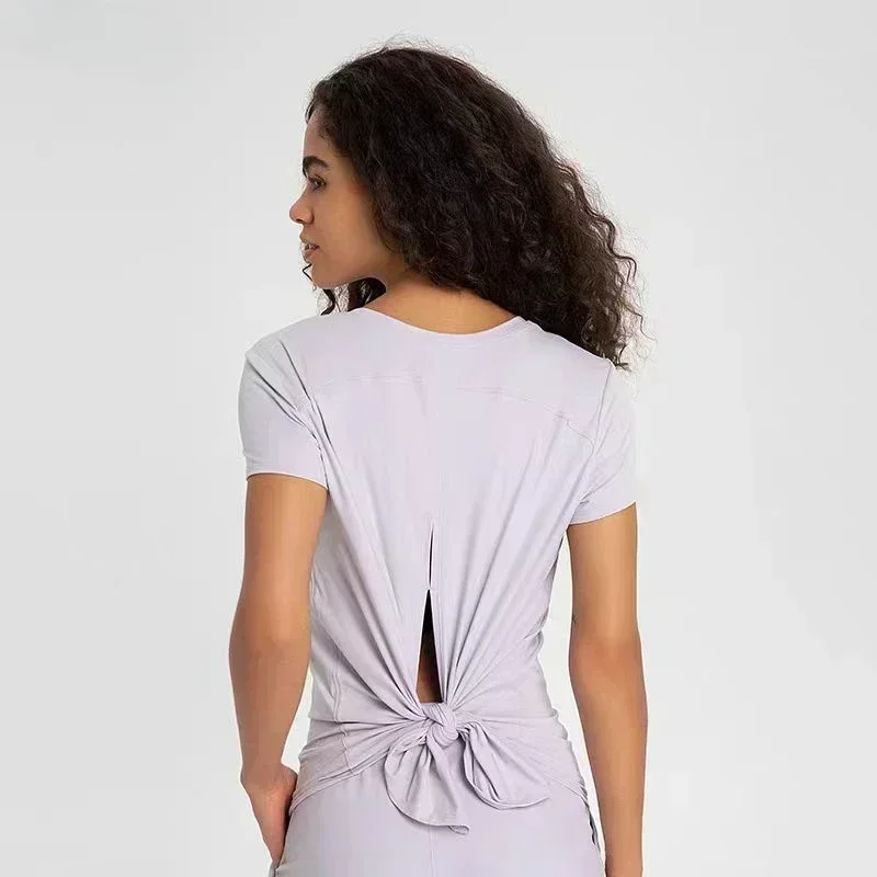 

Women Lightweight Casual Back Knotted T-shirts Crew Neck Short Sleeve Shirts Yoga Top Naked Feeling Training Running Gym Wear