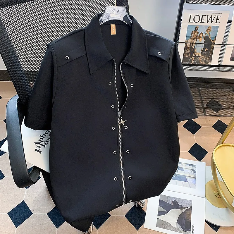 

Metal Button Design Padded Shoulder Men's Shirt, Summer High-end Stylish Wrinkle-free Short-sleeve Shirt Shirt Men