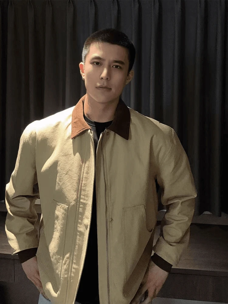 

Khaki American Detroit Workwear Jacket Men's High-End Short Canvas Coat Spring CleanFit Outerwear Loose Fit Zipper Decoration