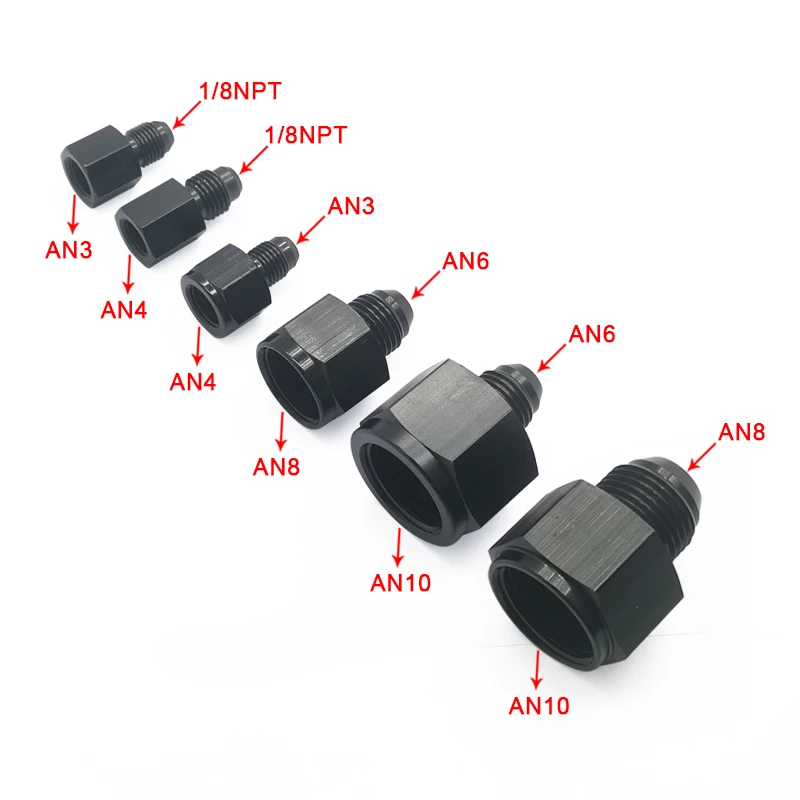Car Accessory Consisting of Black Aluminum an Flare Fitting Reducer Adapters, 10AN 8AN 6AN Male to -4AN 3AN 1/8NPT Female