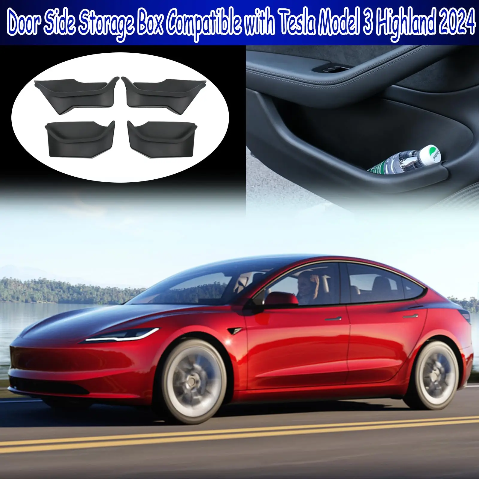 

4PCS Door Side Storage Box Compatible With Tesla Model 3 Highland 2024 Front Rear Side Door Storage Organizer Tray(Silicone)