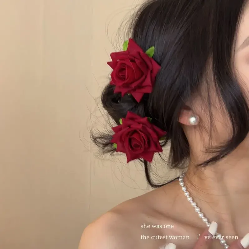 Red Rose Flower Hairpin Women Brooch Bridal Wedding Party Hair Clips Rose Artificial Flower Hair Accessories for Girls Headwear