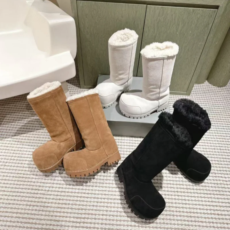 

Plus Size Winter Snow Boots For Women Knee-high Round Head Retro Design Fashion Thick Sole Plus Velvet Warm Non-slip Boots