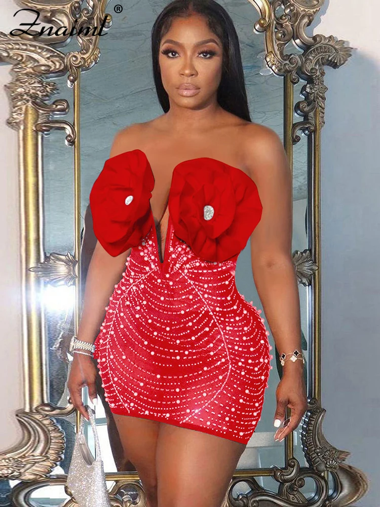 Znaiml Chic 3D Flower Rhinestones Peals Mesh Off Shoulder Bodycon Red Mini Dress Women Sexy Birthday Evening Prom New Year Robe