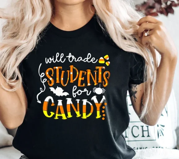 Will Trade Students for Candy Shirt Teacher Halloween Funny Kindergarten Teacher Short Sleeve Top Tees O Neck goth 100% cctton