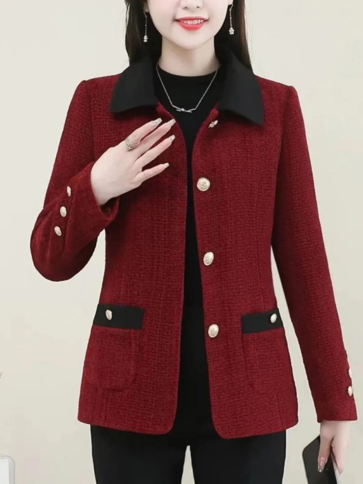 

Spring Autumn Ele Small Fraance Sle Jaet Versatile Middle-Aged Women's Faion Outerwear Collar Single Button