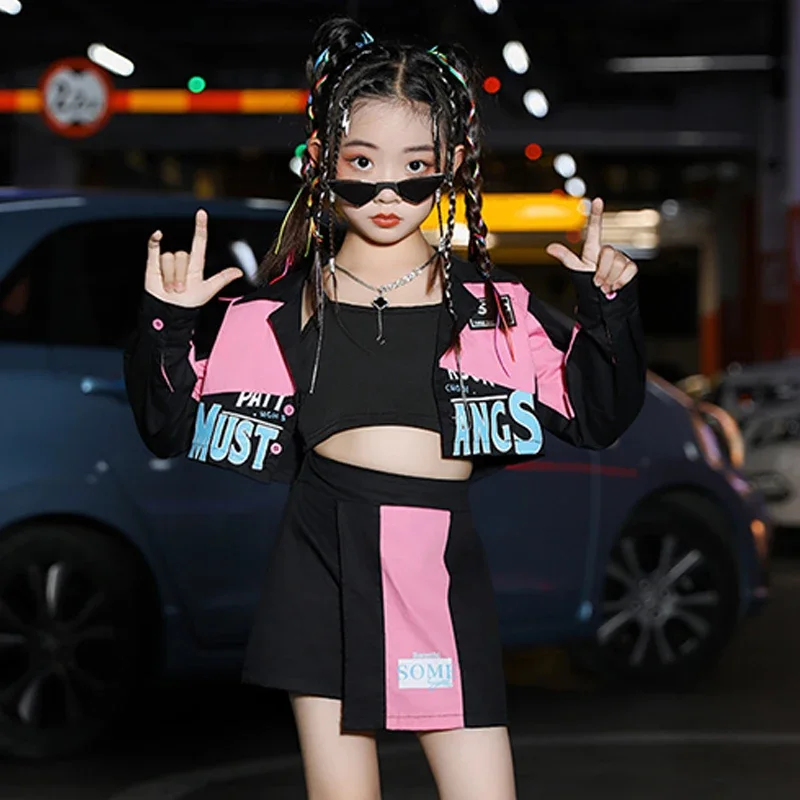 Meisjes Hiphopkleding Kpop Jazz Dance Outfit Jas Rokje Kinderen Street Dance Performance Pak Concert Podium Kleding Vdb7317