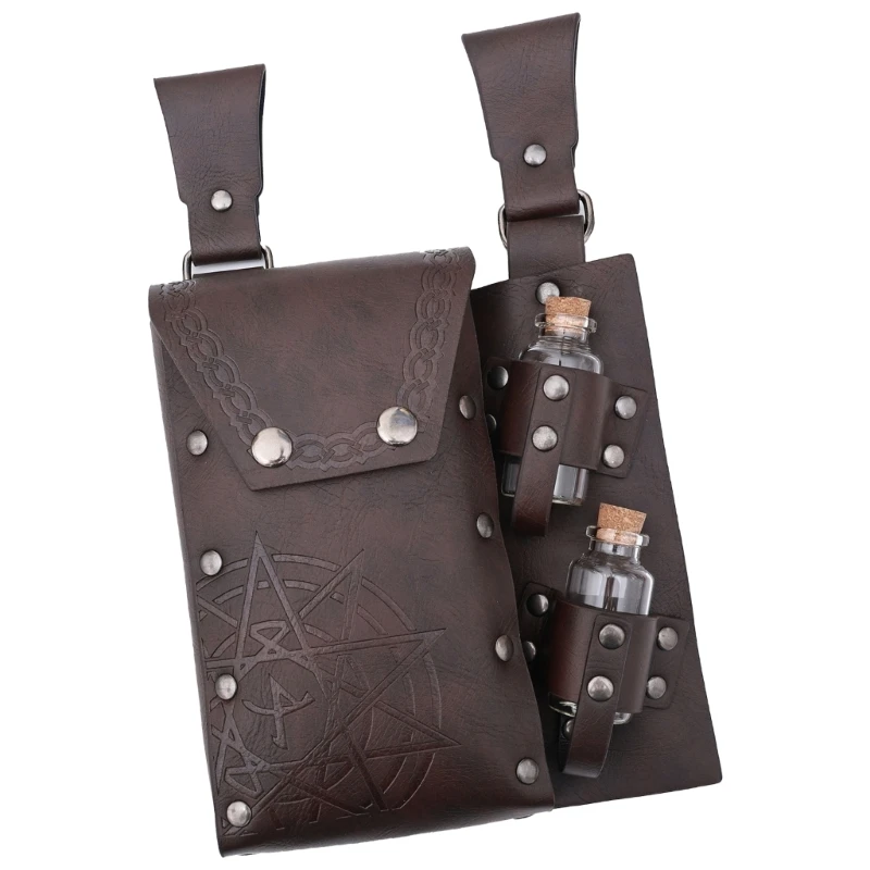 Medieval Leather Waist Bag With 2 Corked Potion Bottle Holder for Halloween Medieval Leather Side Pack Wizard Waist Bag