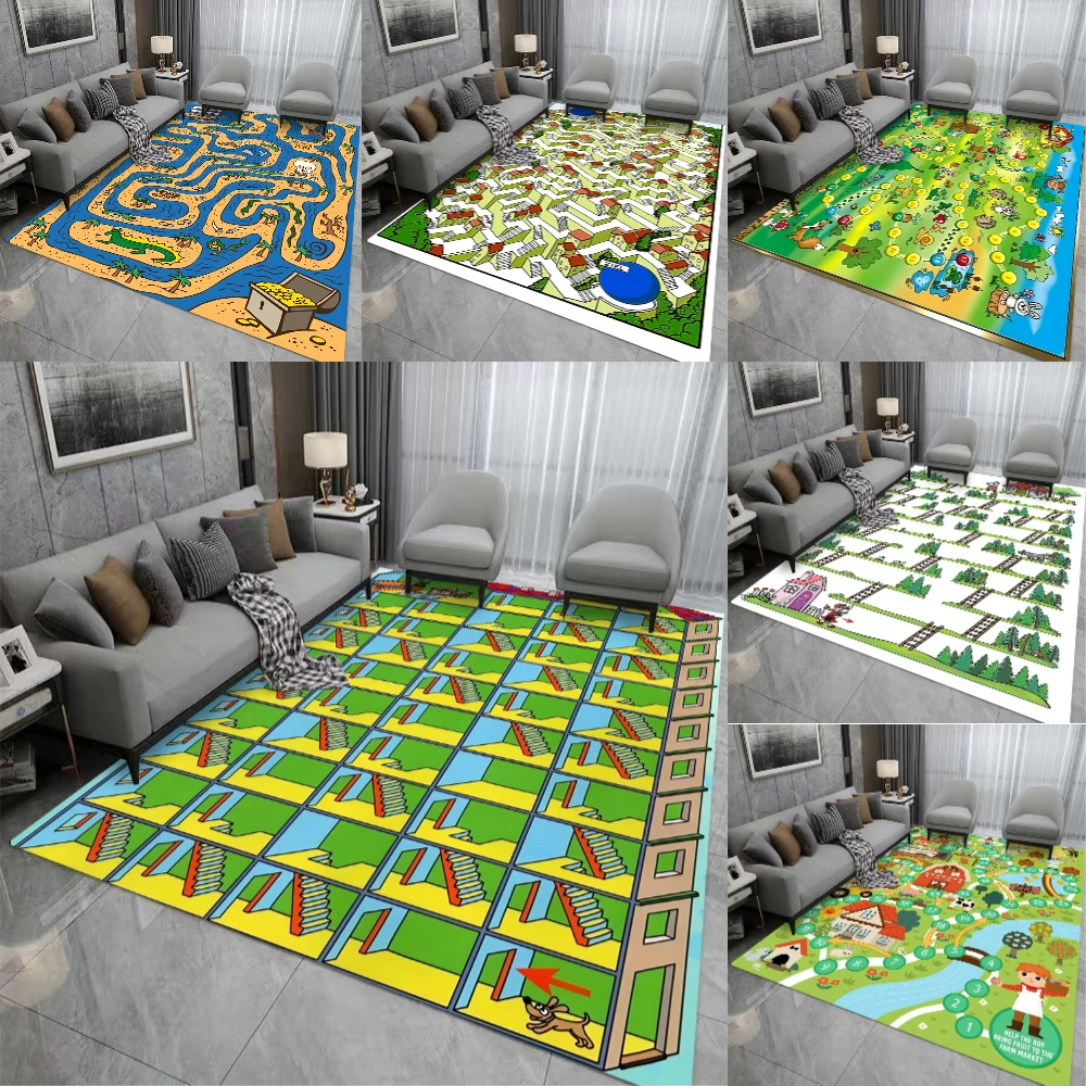 سجادة لعب المتاهة الكرتونية للأطفال، تصميم متاهة تفاعلي، سجادة تعليمية لغرفة نوم الأطفال، غرفة لعب الأطفال، سجادة منطقة القراءة