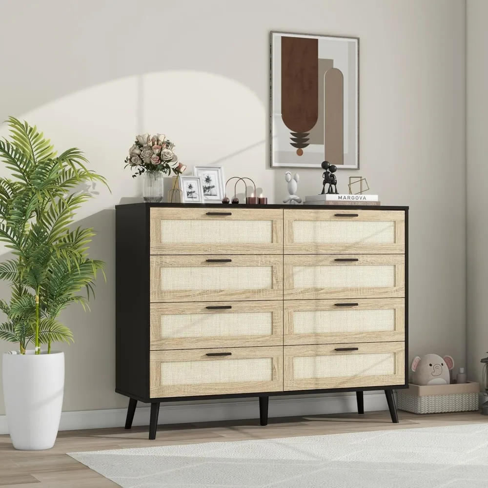 Wooden Rattan Dresser with 3, 6, or 8 Drawers - Spacious Storage Chest for Bedroom or Nightstand Use