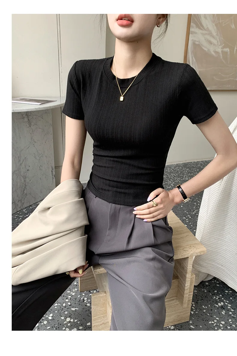 Sommerliches neues Damen-Rundhals-T-Shirt, gestricktes Kurzarm-Oberteil, lässiges Allround-T-Shirt, gestreiftes Basic-Shirt, schmal geschnitten, atmungsaktiv – Detail 26