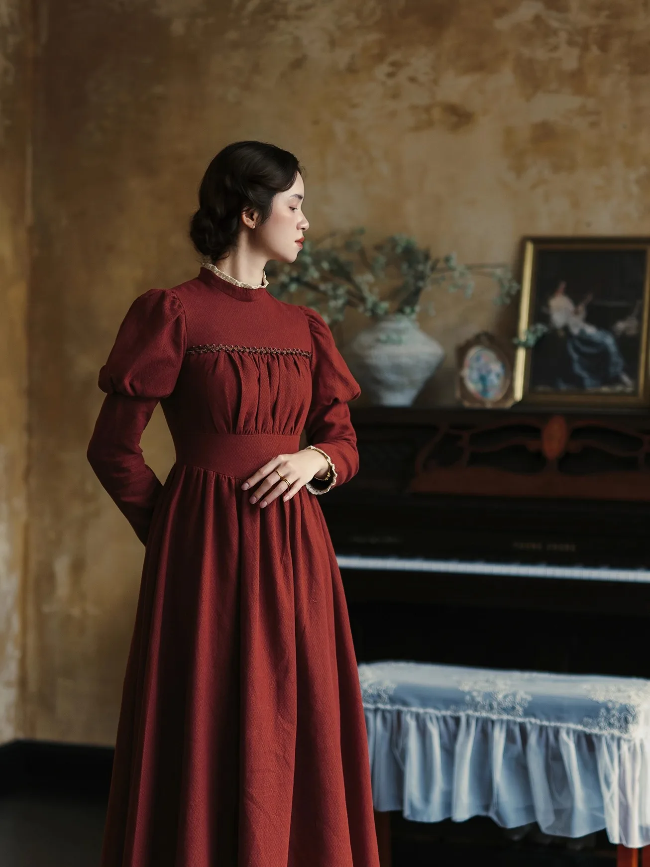 TIYIHAILEY Abito da donna in cotone 100% Manica a sbuffo Lungo Maxi da donna Taglia S-XL Colletto standard Vintage Vita alta Patchwork di pizzo rosso