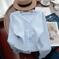 Spring Autumn New V-neck Long Sleeve Solid Color Sweater Women High Street Lace Patchwork Button Cardigan Elegant All-match Tops