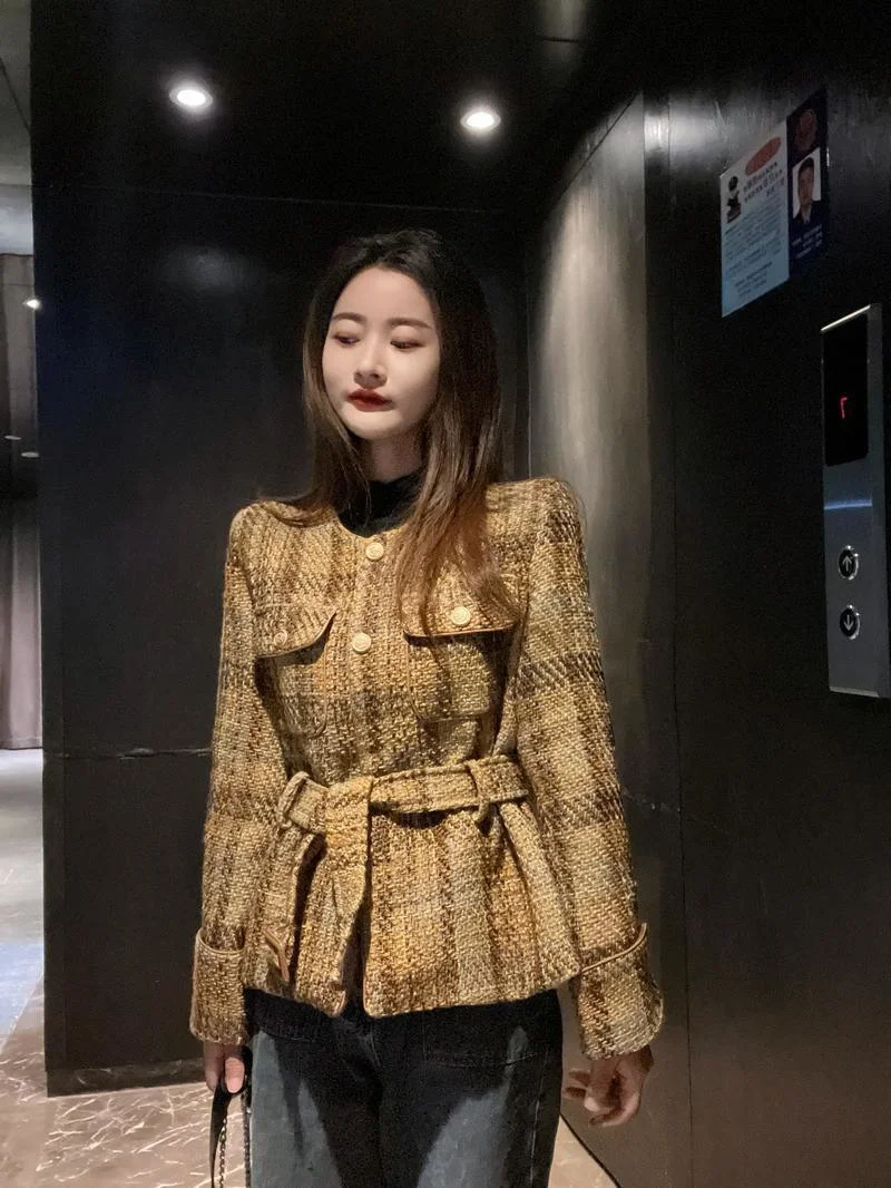 High Women Quality Vintage Tweed Wool Belt Short Jacket Autumn Ladies Casual Single Breasted Slim Office Lady Outwear Coat