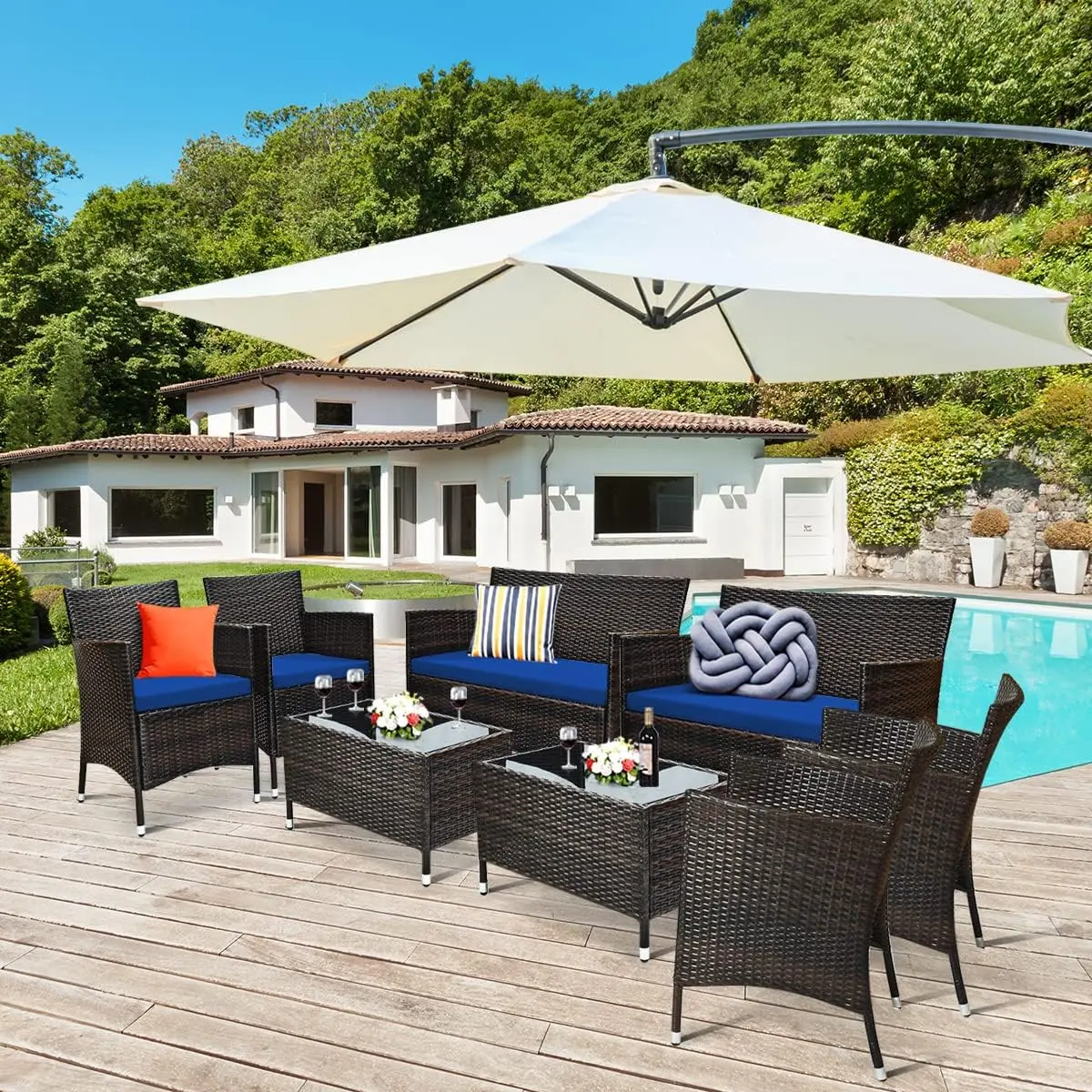

8 PCS Patio Rattan Conversation Set, Outdoor Wicker Furniture Set with Tempered Glass Coffee Table &Thick Cushion for Garden